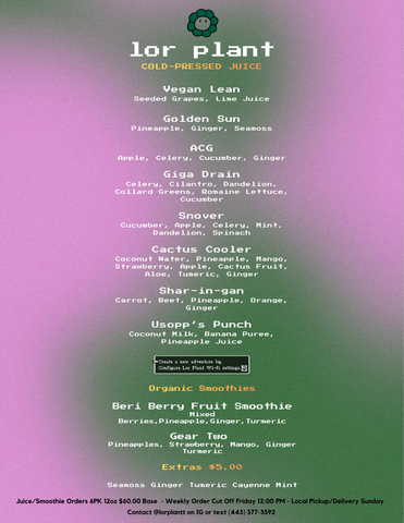 Lor Plant Juice/Smoothie Menu